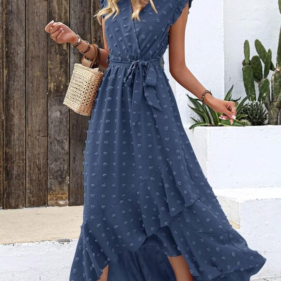 Women V Neck Summer Dress 2025 Cap Sleeve Swiss Dot Boho Flowy Ruffle Slit Beach - Picture 5 of 6